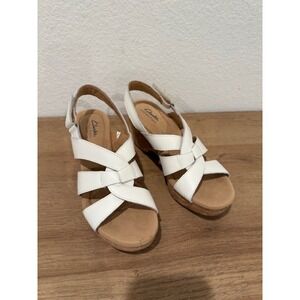 Clarks Collection White Wedge Sandals Women Strappy Cork Heel Slingback Size 8.5